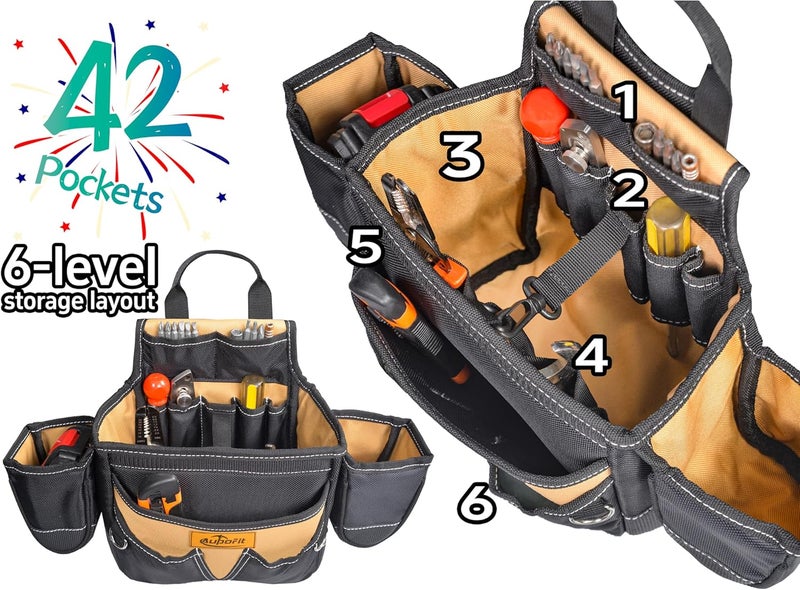 aupofit 42 Pockets 1680D Fabric Professional Tool Belt with Suspenders, Heavy Duty Detachable Adjustable Tool Belt Pouch for Technician/Carpenter/Framer/Construction/Roofing/Contractor/Electrician (Khaki) - Image 4
